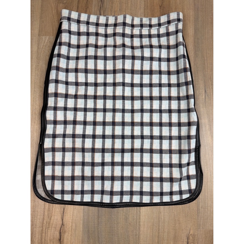 Ann Taylor Plaid Faux Leather Trim Pencil Skirt Light Blue Navy Size 10